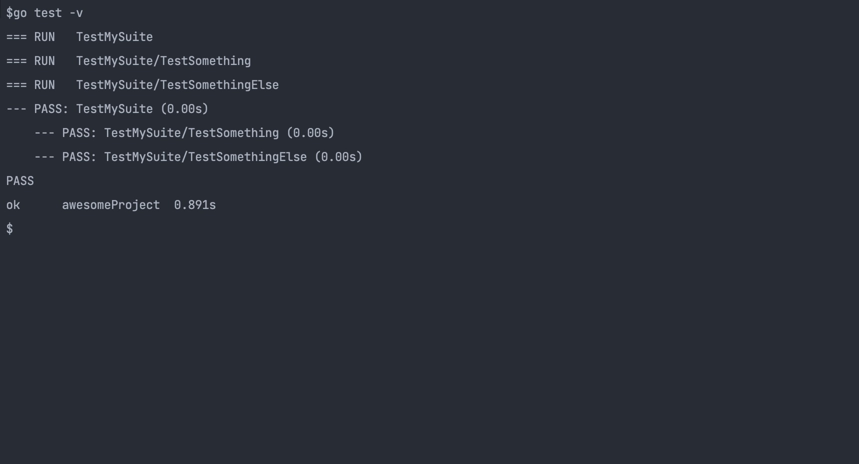 result of test suites with testify